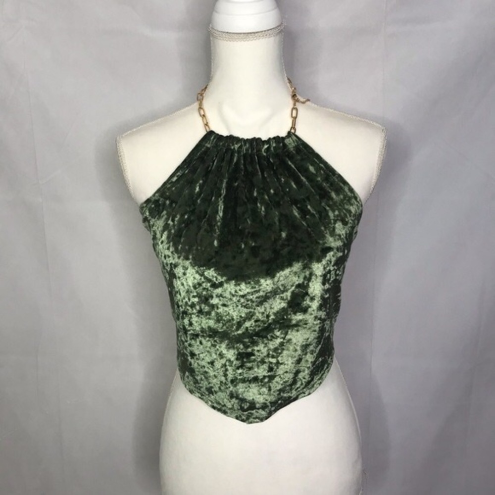 Just Polly green crushed velvet wrap and tie crop top halter top